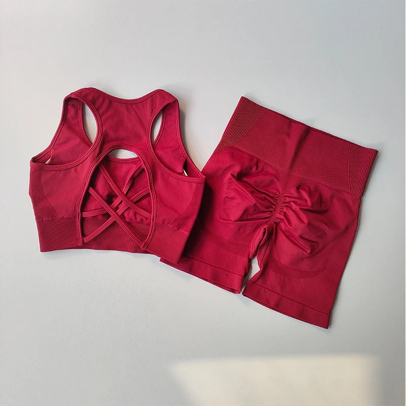Elevate Your Workout with Our Women's 2-Piece Seamless Yoga Set - High-Waisted Shorts & Sleeveless Sports Bra