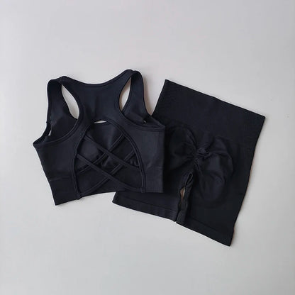 Elevate Your Workout with Our Women's 2-Piece Seamless Yoga Set - High-Waisted Shorts & Sleeveless Sports Bra