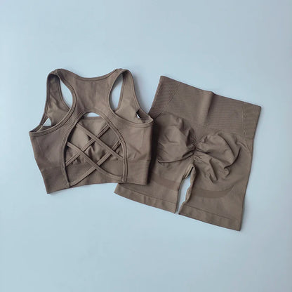 Elevate Your Workout with Our Women's 2-Piece Seamless Yoga Set - High-Waisted Shorts & Sleeveless Sports Bra