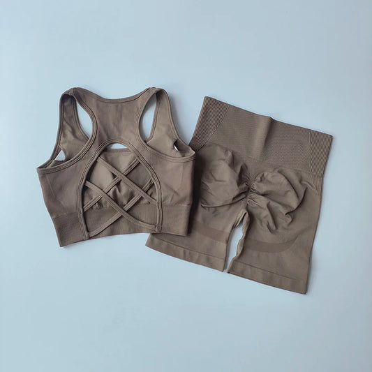 Elevate Your Workout with Our Women's 2-Piece Seamless Yoga Set - High-Waisted Shorts & Sleeveless Sports Bra